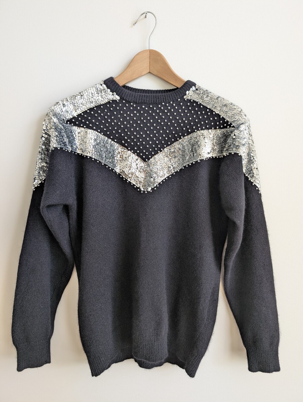 Vintage Hong Kong Angora Lambswool Black Sweater Silver Sequins 38 Approx Small